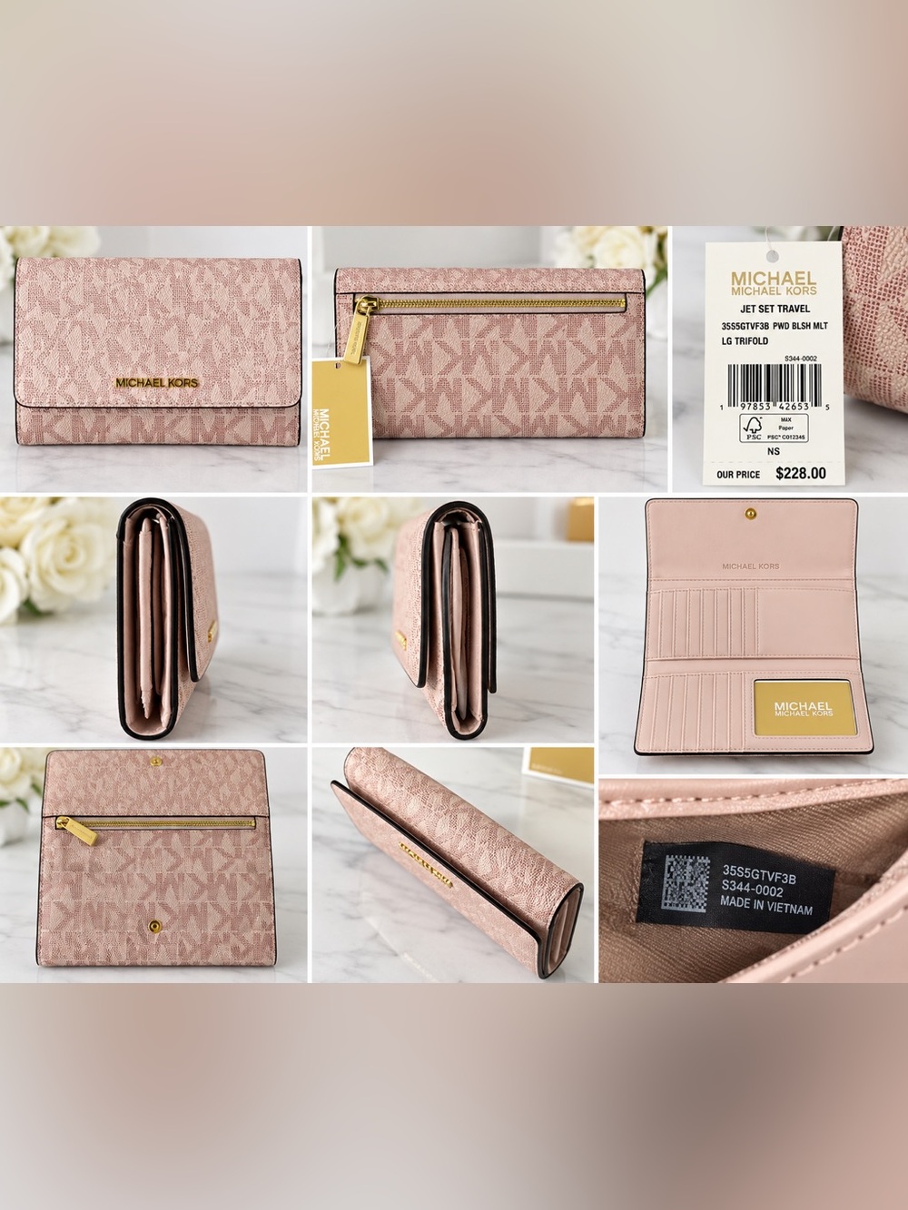 NWT Michael Kors Jet Set Large Trifold Wallet Powder Blush MK Logo